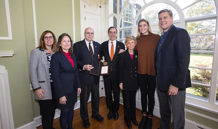 Rene Augustine, Dean Emily Carter, Norman Augustine, President Christopher Eisgruber, Meg Augustine, Bella Alarie, Mark Alarie