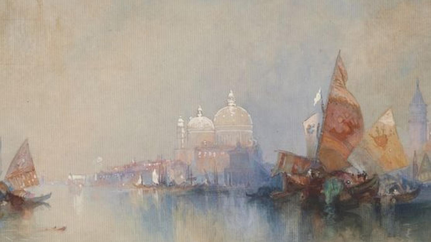Watercolor of church in distance