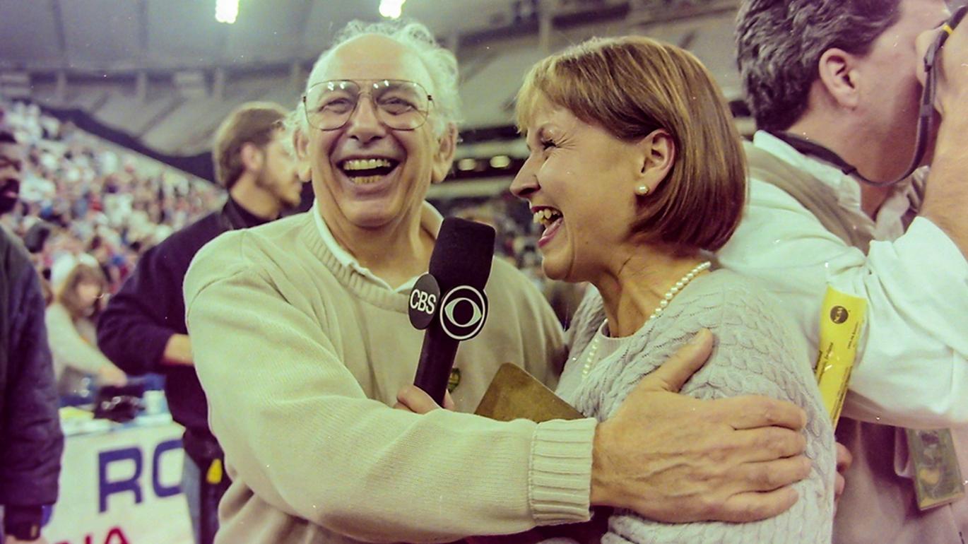 Pete Carril talking to a CBS reporter