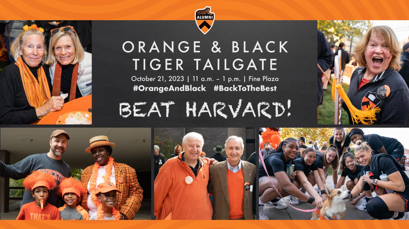 Montage of photos of alumni wearing orange and black, with details about the Tiger Tailgate
