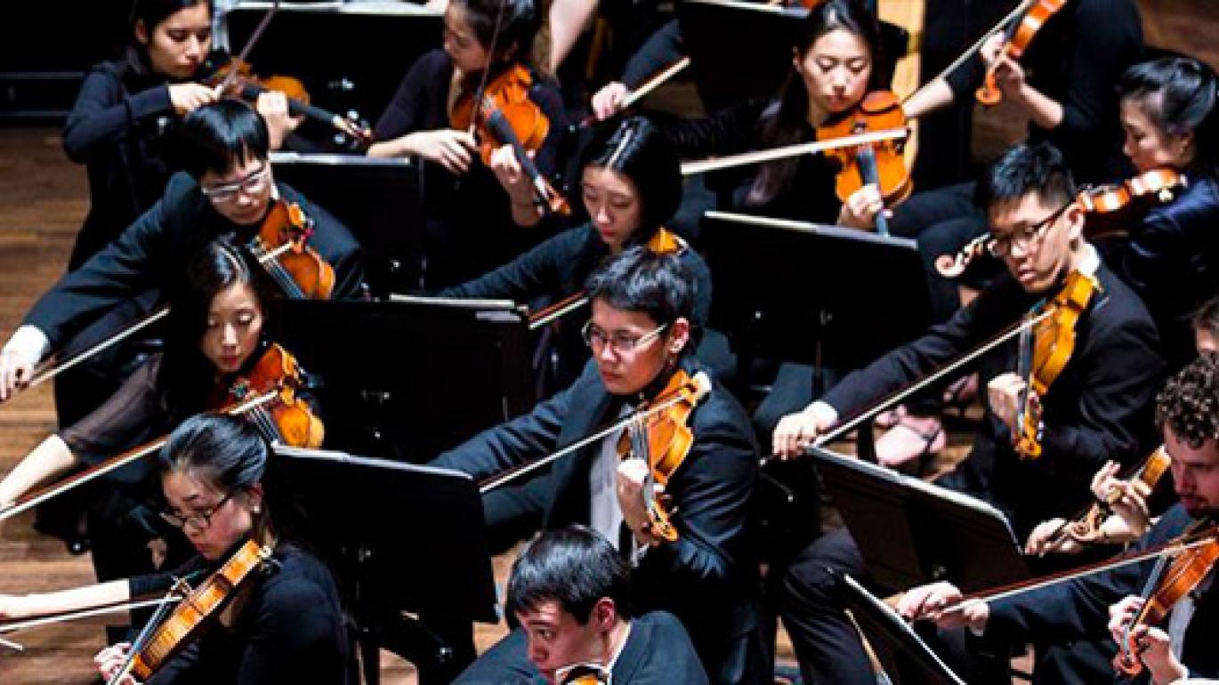 The string section of the Princeton University Orchestra in concert, 