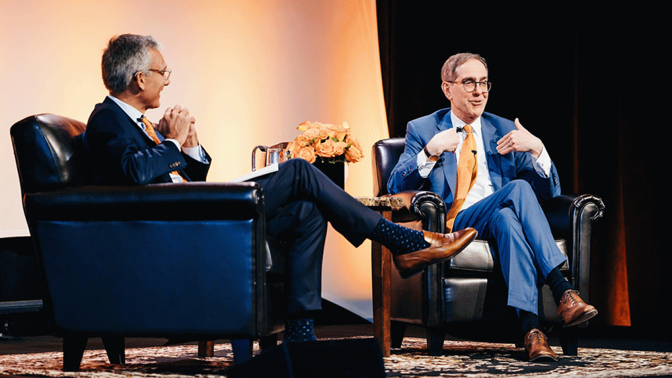 President Eisgruber '83 on stage with University trustee Philip Hammarskjold ’87