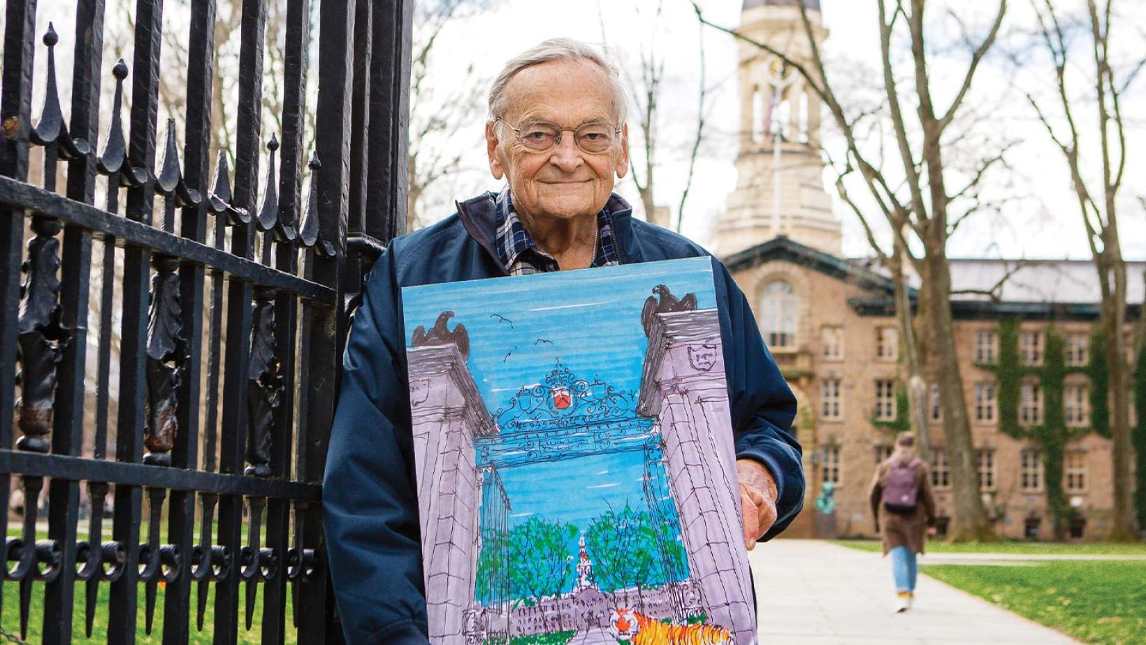 Jerry Ford '54 *59 with Reunions art at FitzRandolph Gate