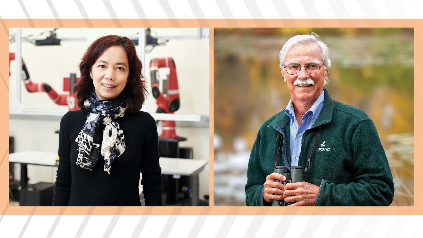 Dual side-by-side portraits of Fei-Fei Li and John Fitzpatrick