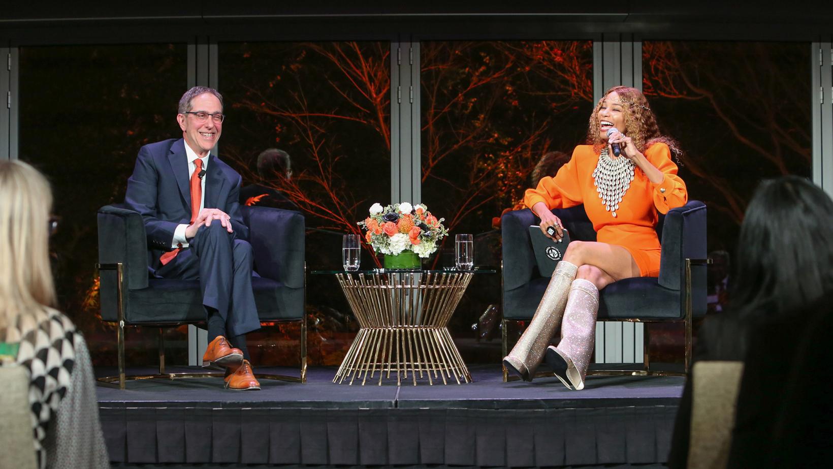 President Eisgruber and Kwanza Jones on stage together in Los Angeles