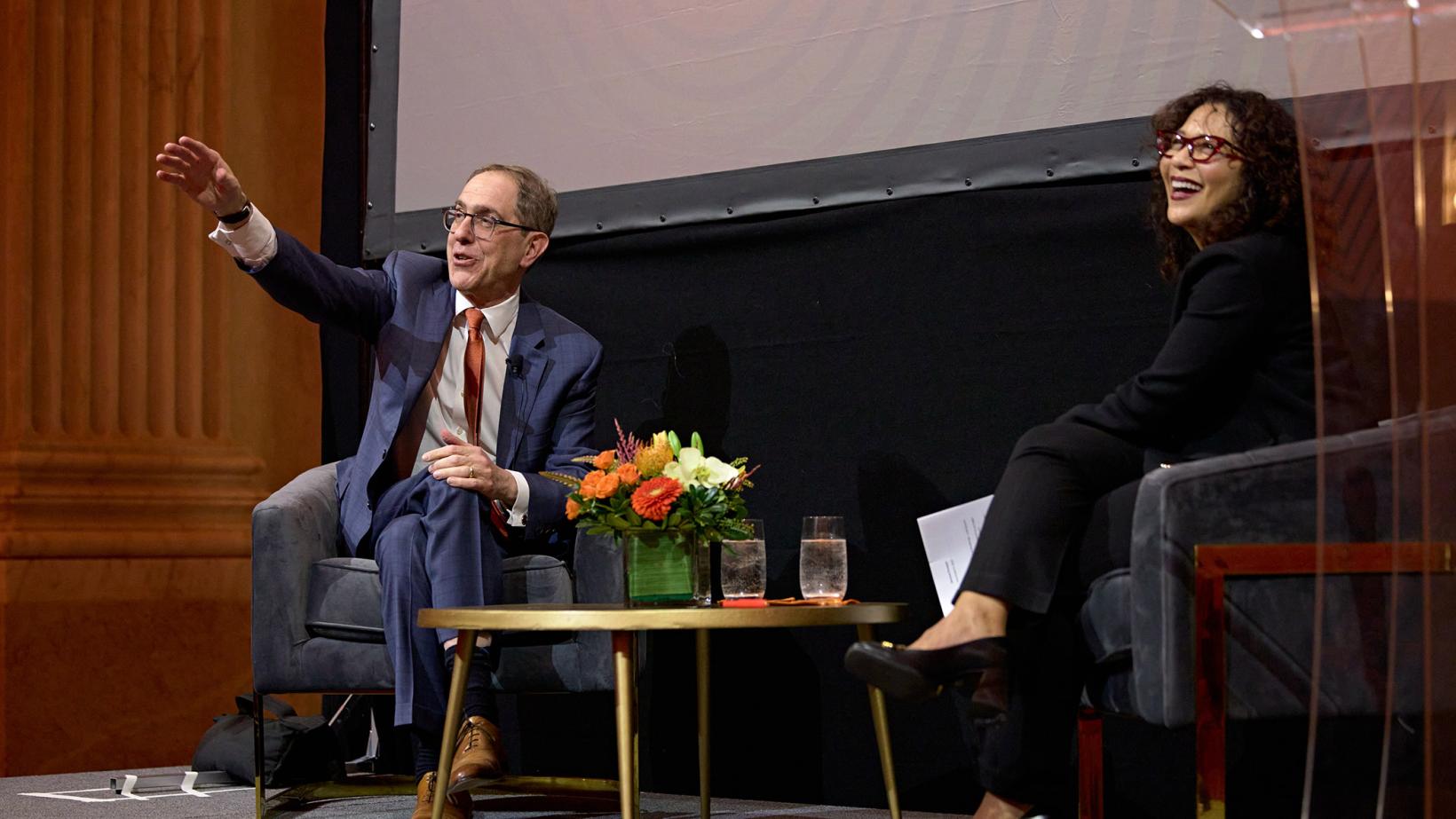 President Eisgruber and Lisa Washington speak on stage at the Franklin Institute.