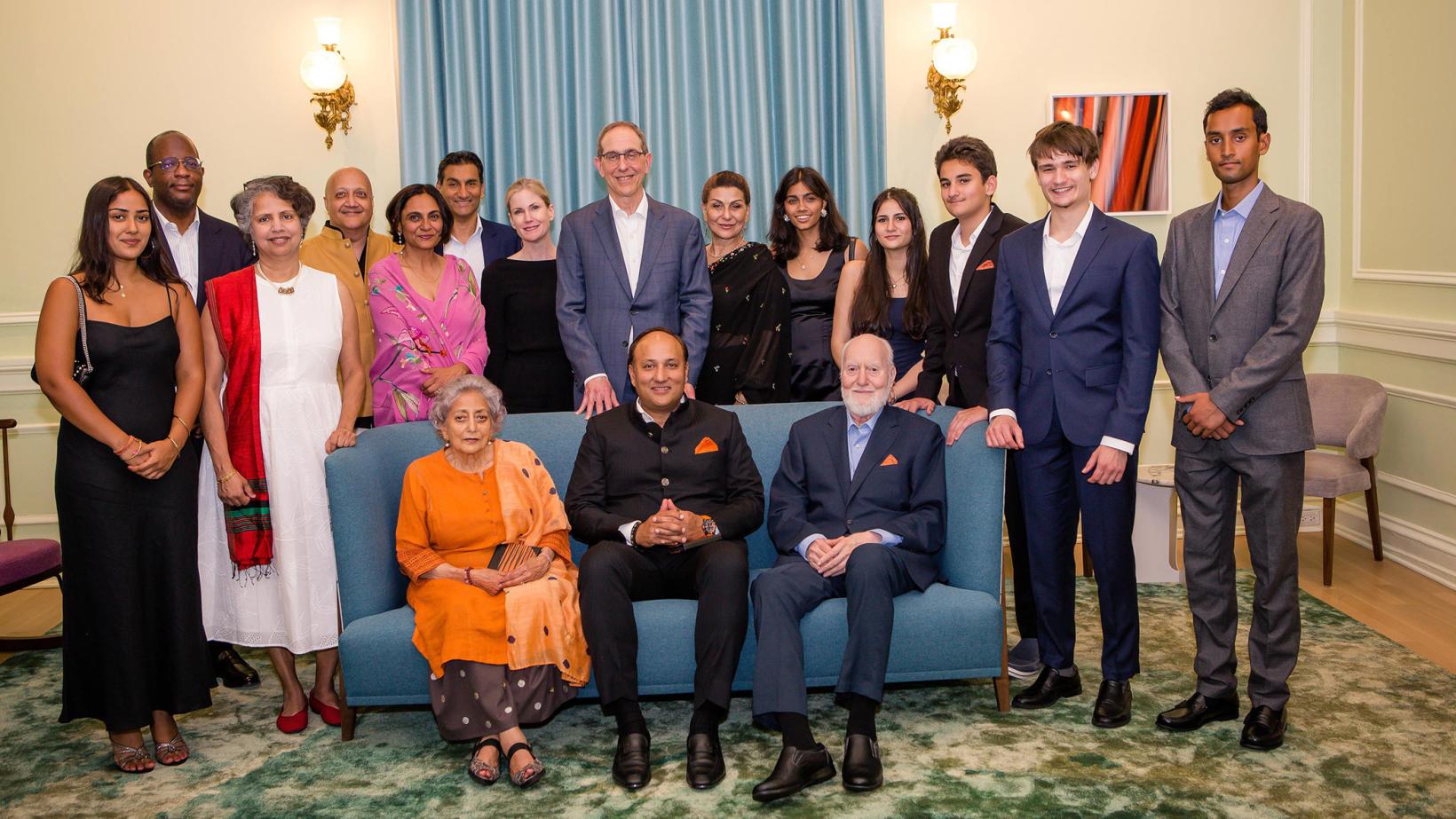 Sumir Chadha, his parents and extended family, seated with Princeton administrators during a gathering to celebrate his gift of an endowed professorship