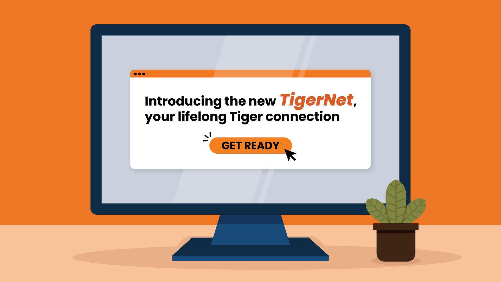 An illustration of a computer screen with the words: Introducing the new TierNet, your lifelong Tiger connection
