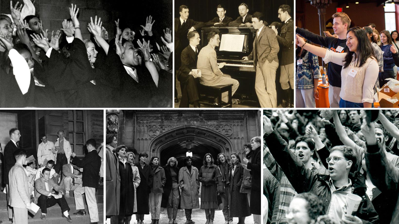 A montage of six archival photos showing students and alumni singing Old Nassau