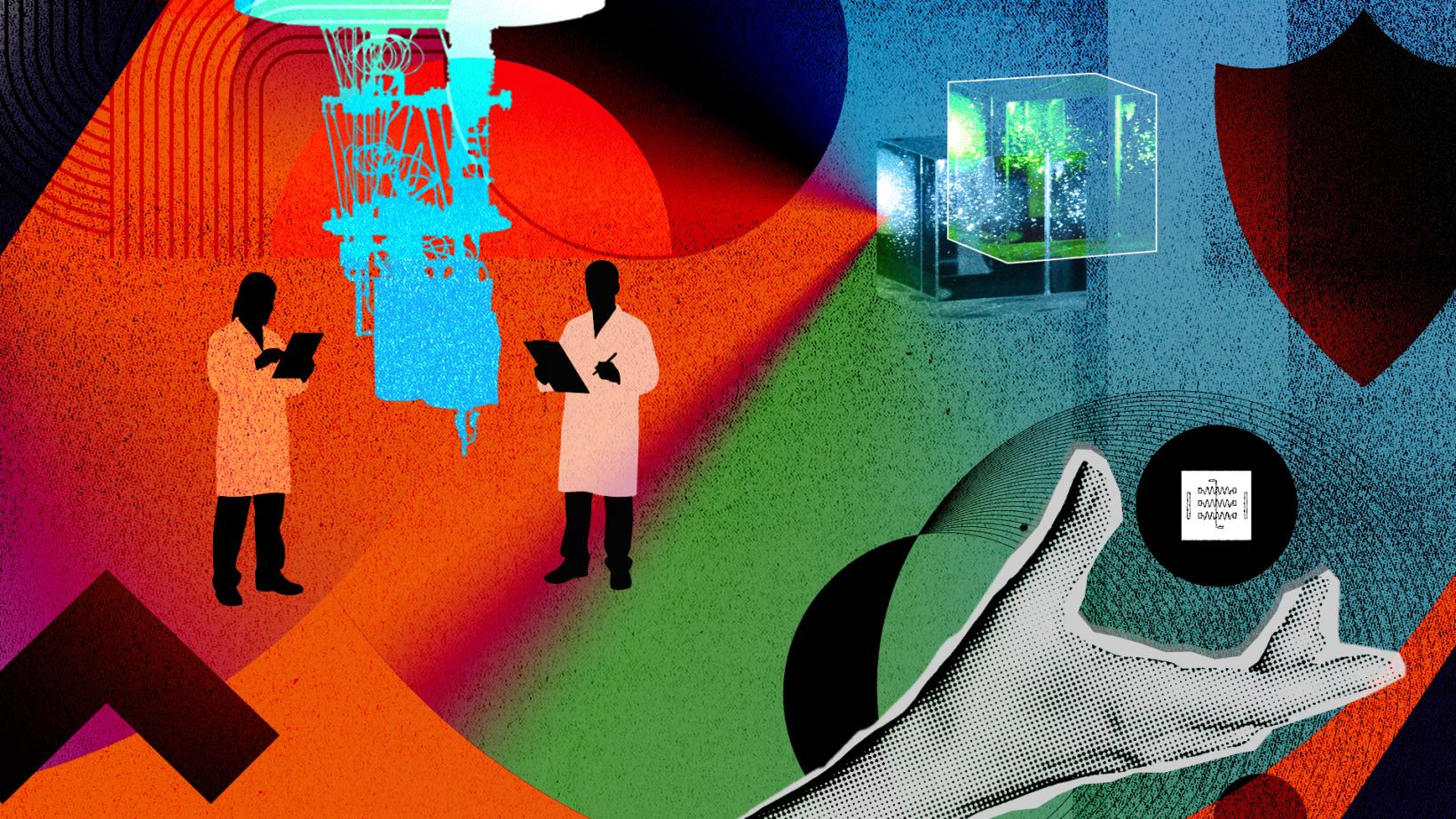 A colorful collage of quantum science illos