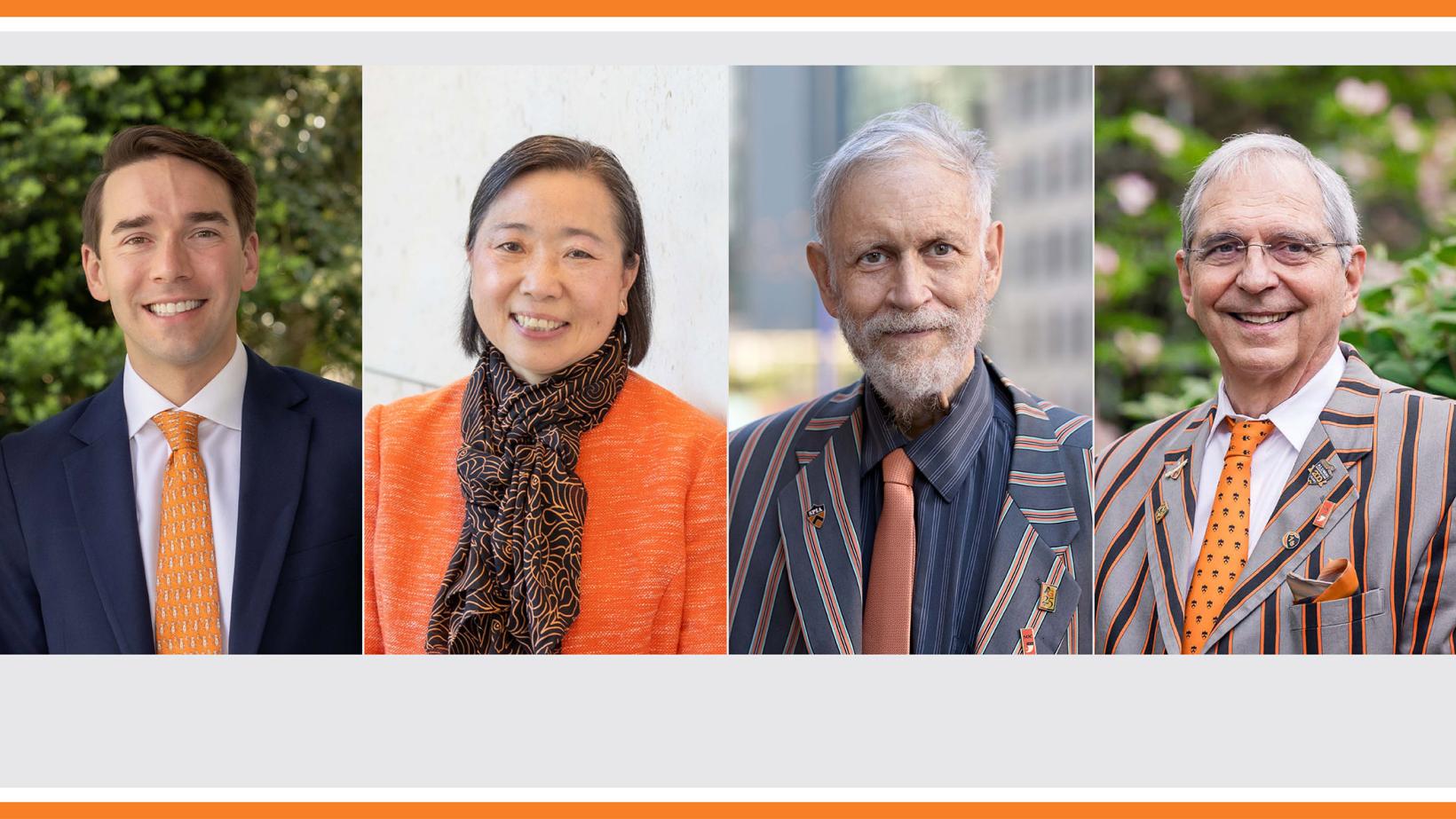 Four individual portraits of Princeton alumni, male, female, male, male. 