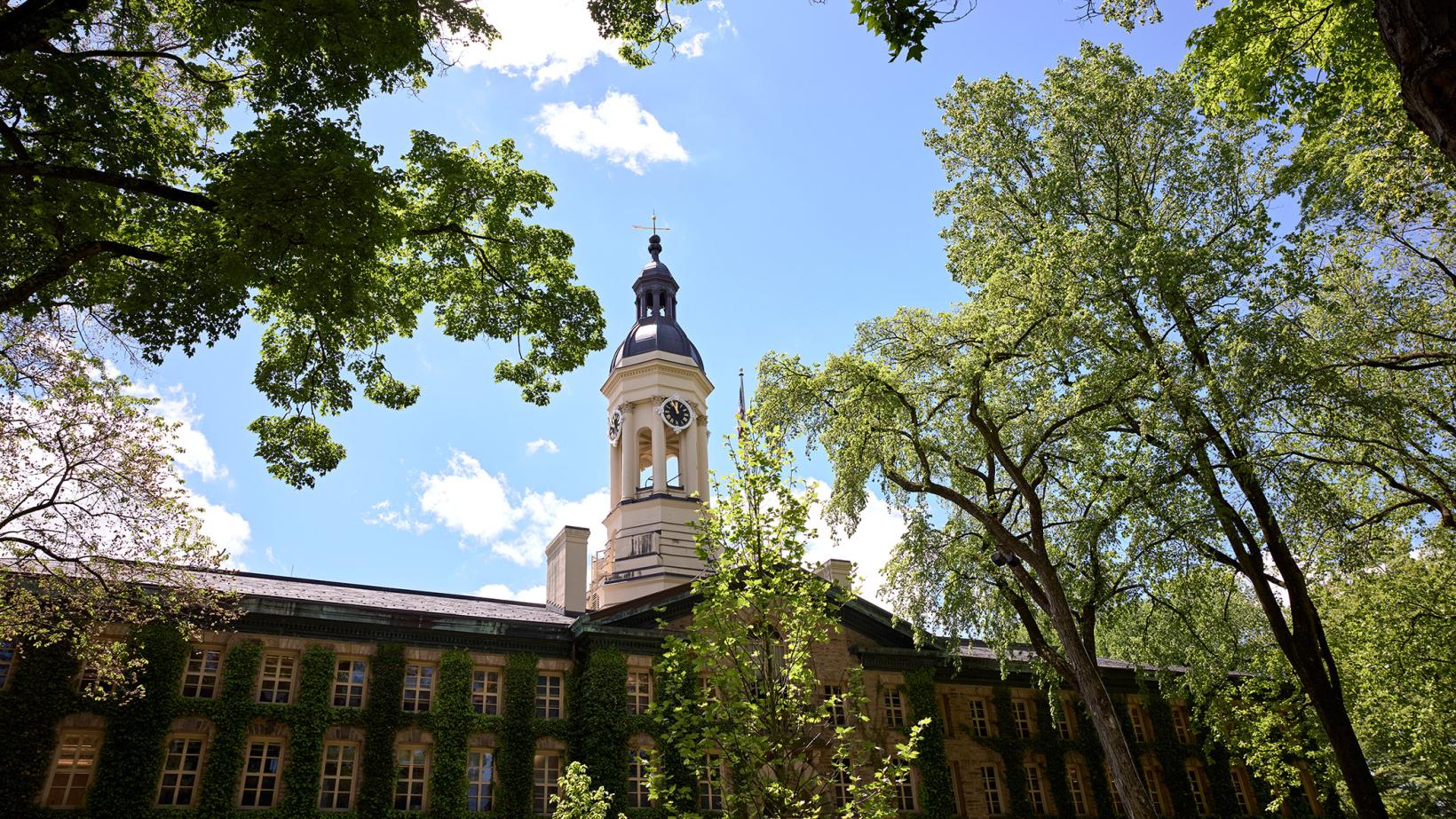 Nassau Hall, with the cuppola framed by blue sky