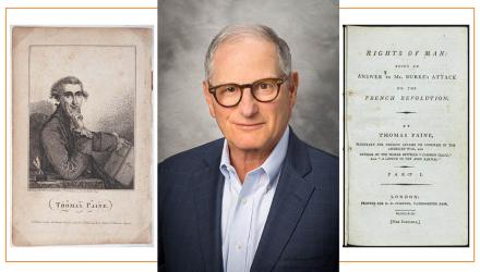 A portrait of Sid Lapidus '59 alongside an illo of Thomas Paine and a page from The Rights of Man