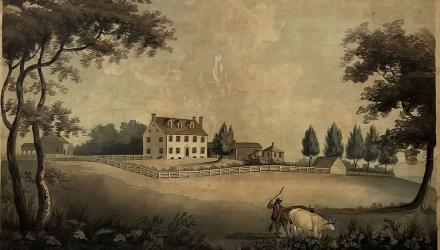An 18th century illustration of a white farm house