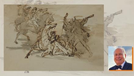Revolutionary War sketch by Trumbull with thumbnail of Ron Brown