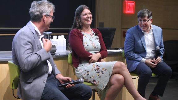 David MacMillan, Leslie Schoop and Erik Sorensen at on a Reunions panel