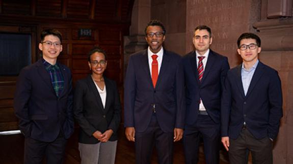 Dean Rodney Priestley surrounded by the four Jacobus Fellows for 2025. 