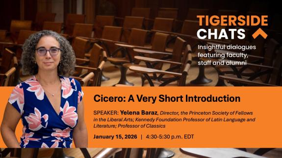 Yelena Baraz silhouetted against the iconic desks of McCosh 50