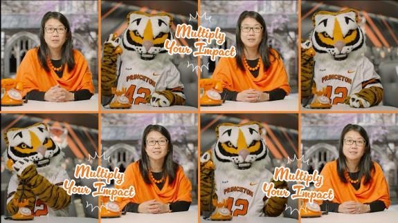 Deb Yu and the Tiger mascot chatting about Annual Giving