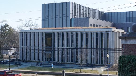 The exterior of Sarofim Pavilion in the new engineering cluster
