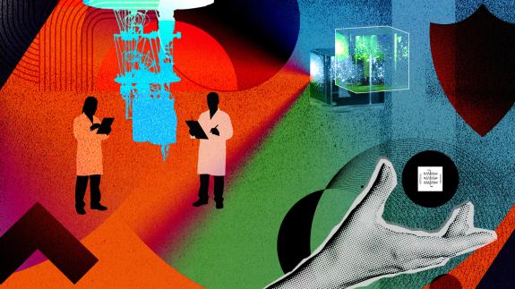 A colorful collage of quantum science illos