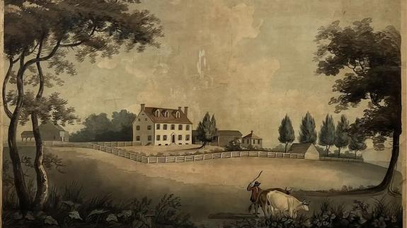 An 18th century illustration of a white farm house