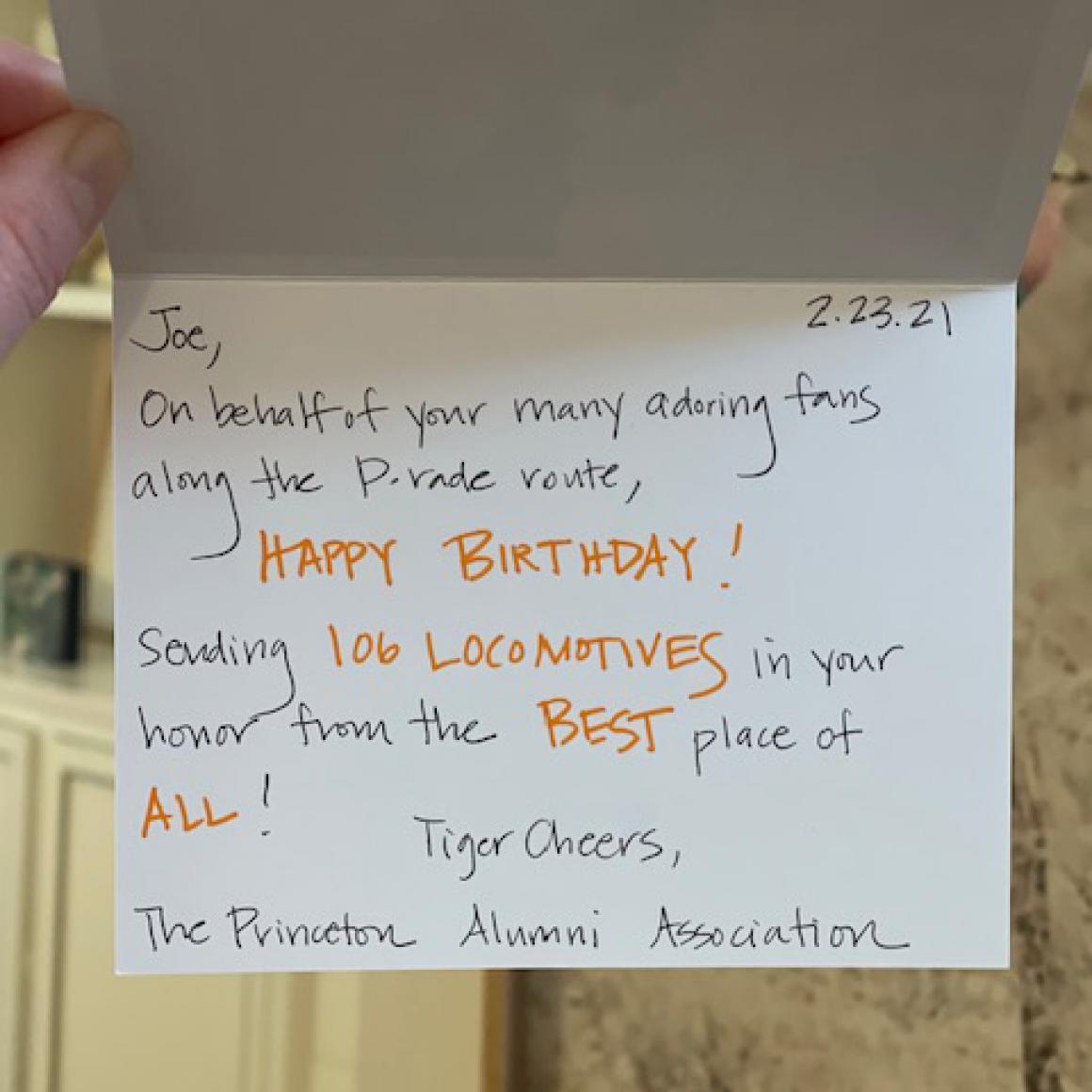 Birthday card message to Joe Schein '37