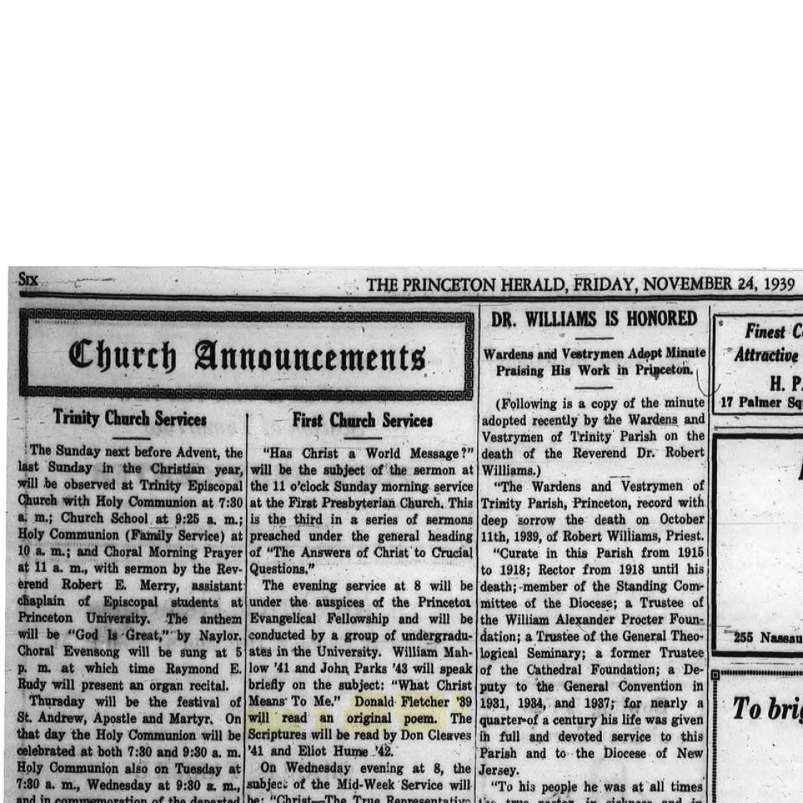 Newspaper page from 1939 with Fletcher's name in a church announcement