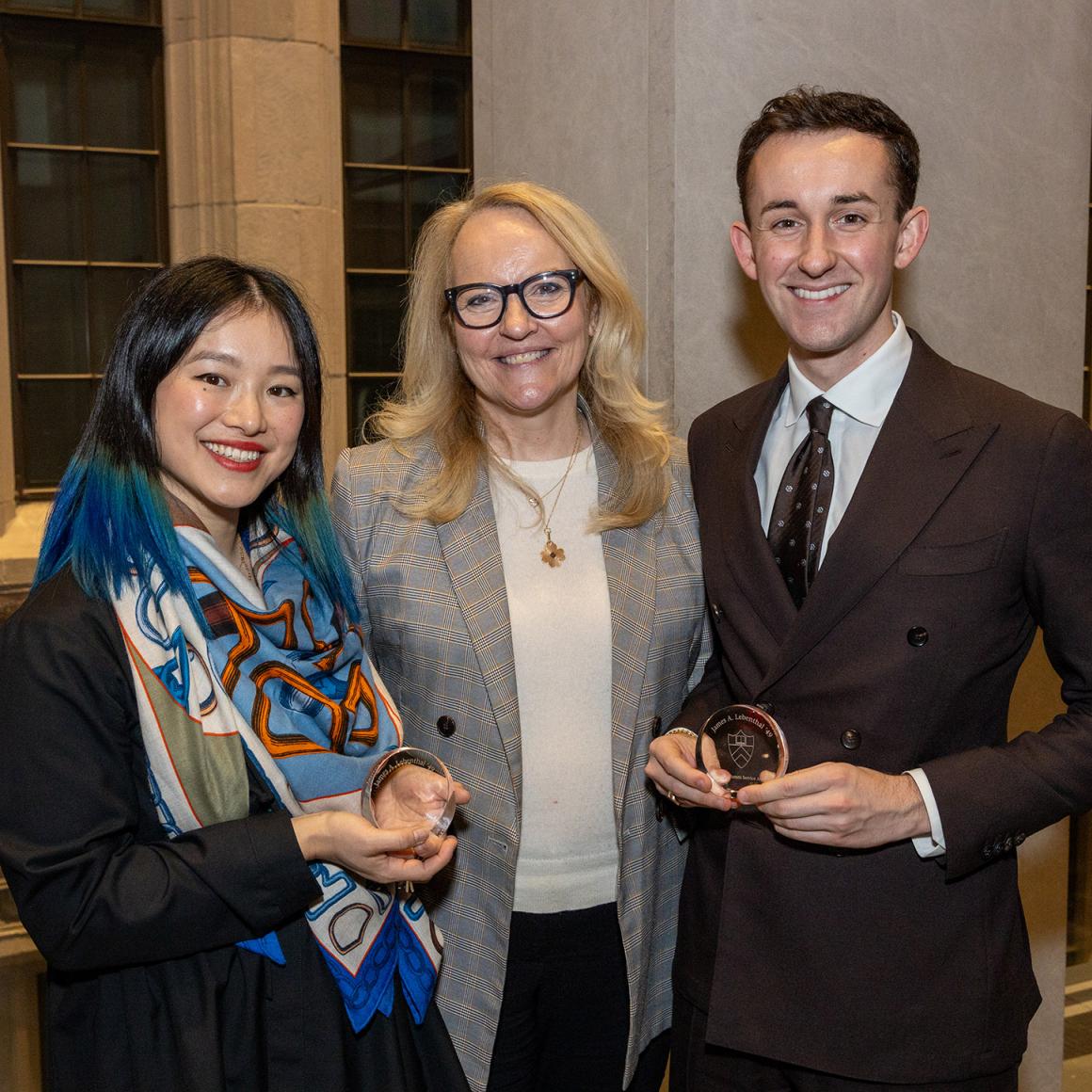 Jim Lebenthal ’49 Young Alumni Service Award winners: AG Committee Vice Chair Charmaine Lee ’14, Class Agent Owen Ayer ’19 and Sue Walsh, Associate Vice President for Annual Giving