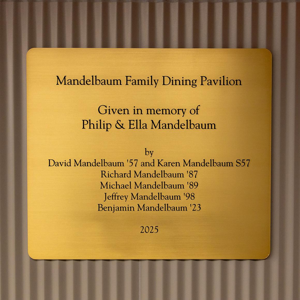 A plaque states that the pavilion is given in memory of Philip and Ella Mandelbaum