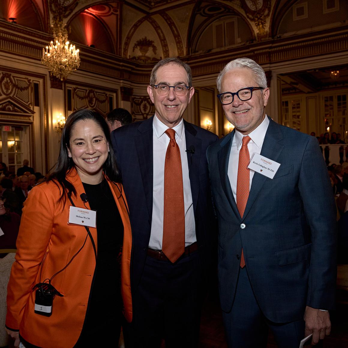 Melissa Wu, President Eisgruber and Kevin Callaghan pose together at the Boston event.