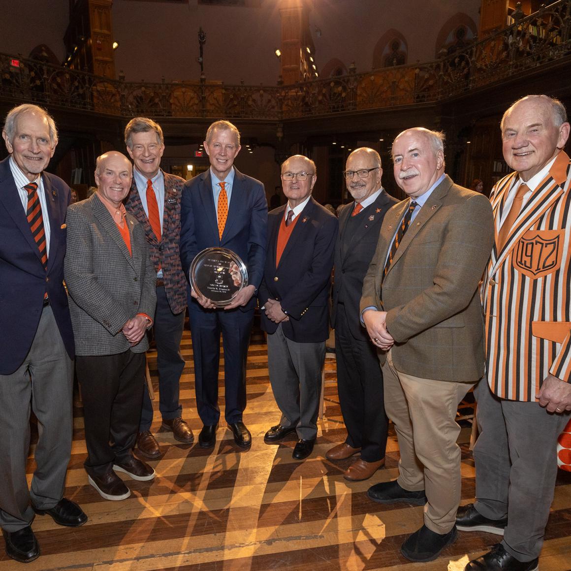 Current and former Helm Award winners: Bob Eisenstadt ’63, John Lavelle ’85, Jeff Sharp ’80, Tim Kingston ’87, Andy Cowherd ’74, Frederick Strobel ’74, Willy Landrigan ’76 and Bob Murley ’98 