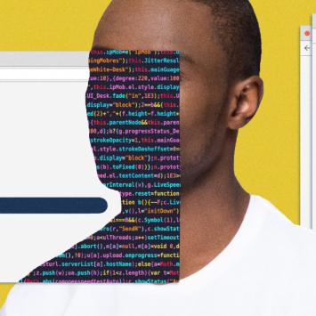 Man's face covered in computer science code