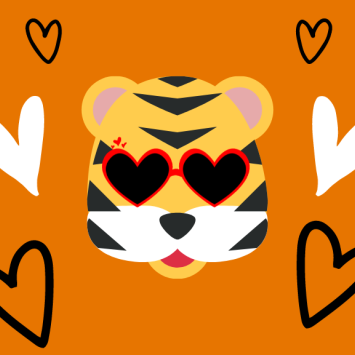 Cartoon tiger surrounded by hearts