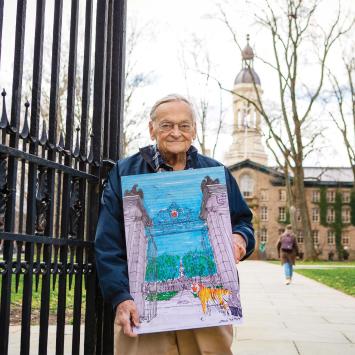 Jerry Ford '54 *59 with Reunions art at FitzRandolph Gate