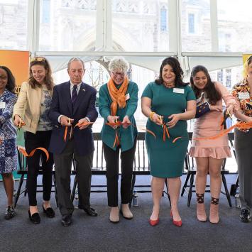 Emma Bloomberg, a 2001 Princeton graduate and founder and CEO of Murmuration; Michael R. Bloomberg, founder of Bloomberg Philanthropies and Bloomberg LP and 108th mayor of New York City; Jill Dolan, dean of the college, Khristina Gonzalez, director of the EBC; and students Kaelani Burja, Alison Parish and Hannah Faughnan.