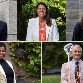 A collage of portraits of Princeton alumni dressed in orange and black.