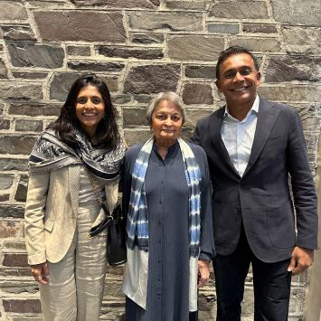 Shanthi Kandiah, Vidya Dehejia and Brahmal Vasudevan pose at the announcement of the new professorship.