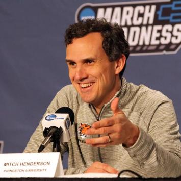 Mitch Henderson meets the media after his team's victory in the 2023 NCAA Tournament