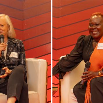Split images of Meg Whitman and Winnie Kiiru on stage in Nairobi