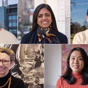 Five photos show faces of five smiling alumni