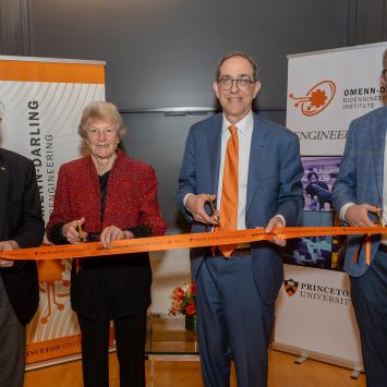 Gil Omenn, Martha Darling, Chris Eisgruber and Cliff Brangwynne, cutting a ribbon to dedicate the new bioengineering institute