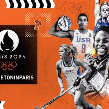 A bright orange collage of Princeton's Olympians with text that reads Paris 2024