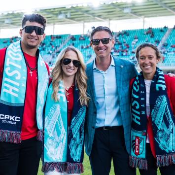 KC Current owners Patrick Mahomes, Brittany Mahomes, Chris Long, and Angie Long