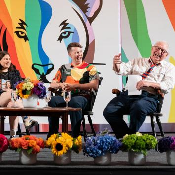 James Blue ’91, Azza Cohen ’16, Zach Zimmerman ’10 and Michael Cadden at the “Exploring LGBTQ+ Voices in Entertainment” panel on Saturday night