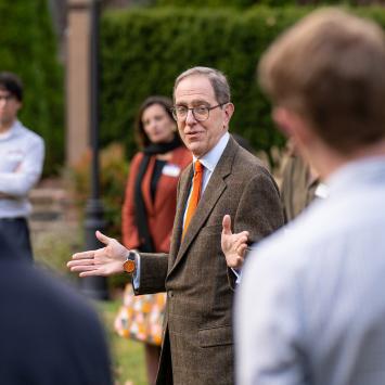 President Christopher L. Eisgruber speaks to graduate students during a reception last fall. In his 2025 State of the University letter, Eisgruber expressed the University’s commitment to ensuring that all Princetonians flourish and feel welcome on campus.