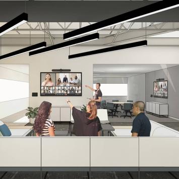 An artist rendering of the lobby of the AI HUb, with students seated on stylish white sofas. 