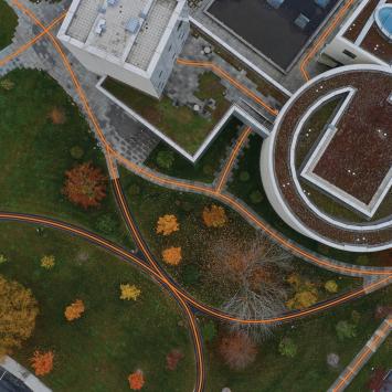 An overhead of the Lewis Center, with orange lines highlighting the many pathways