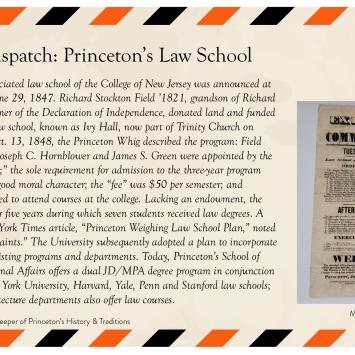 Postcard with historical information about Princeton's Law School, featuring an old document and descriptive text framed by orange and black stripes.