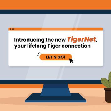 Laptop screen with ad about TigerNet and button that says Let's Go!